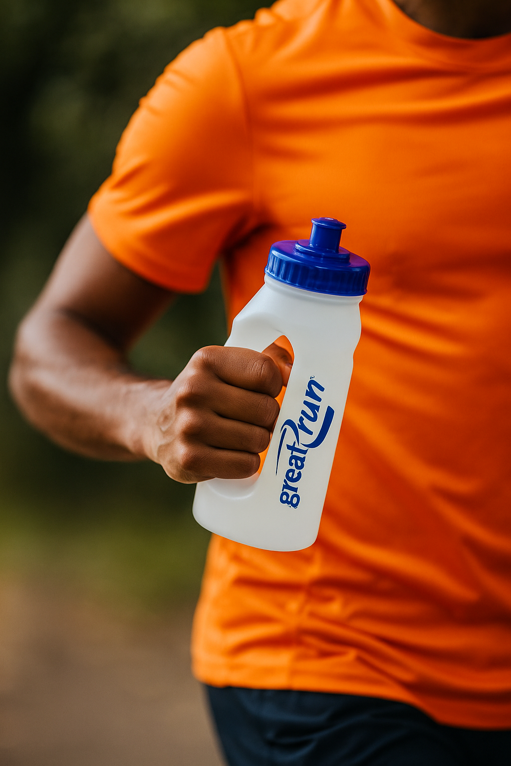 Person holding a 'Great Run' water bottle with an orange shirt